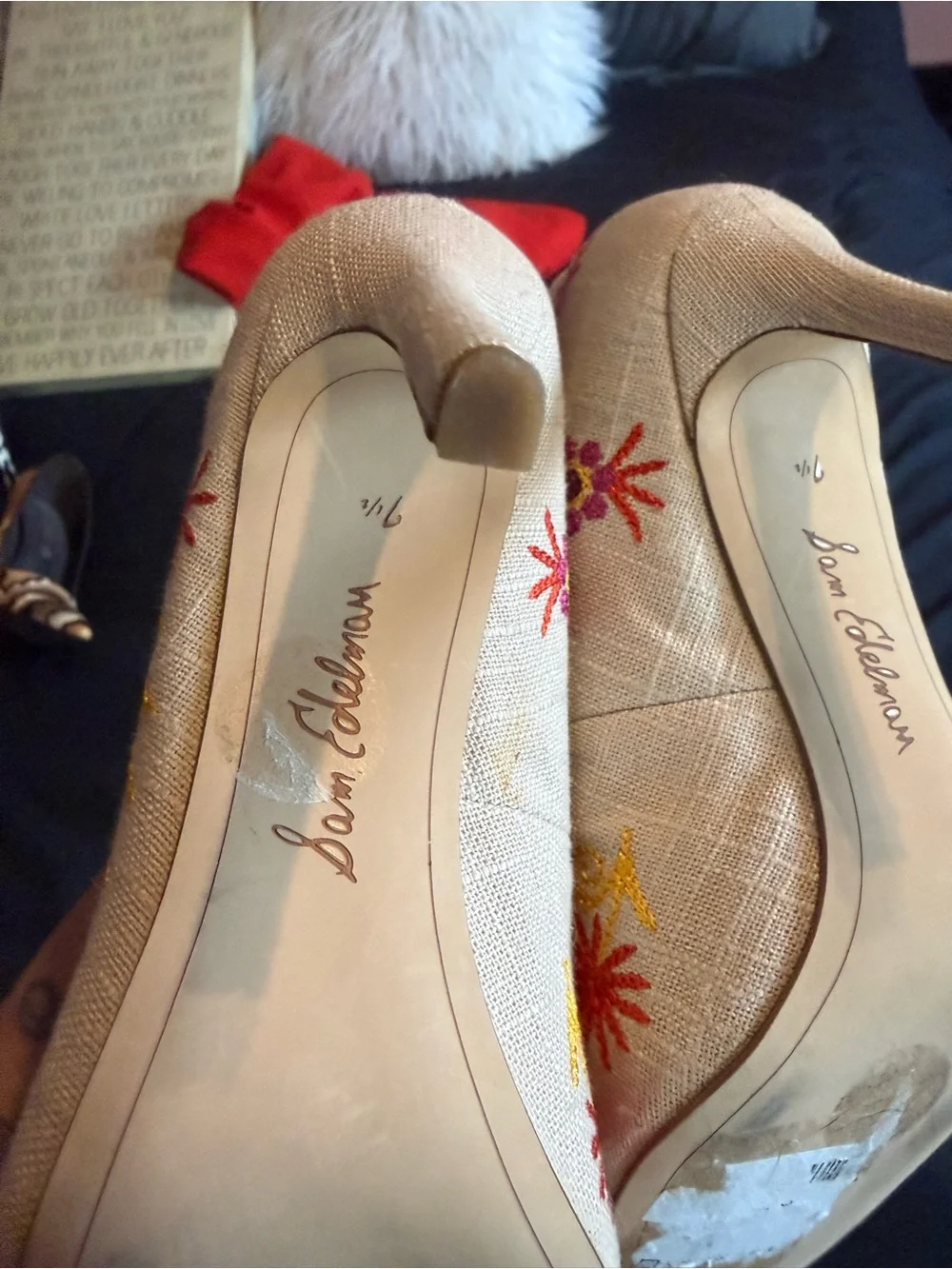 Sam Edelman Cream Pointed-Toe Heels with Pink & Orange Floral Embroidery
